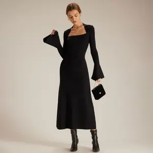 RIHOAS 2024 women's Fashion Square Neck Black Midi Dress Long Sleeve Design Bodycon formal party evening dresses Fit Womenswear