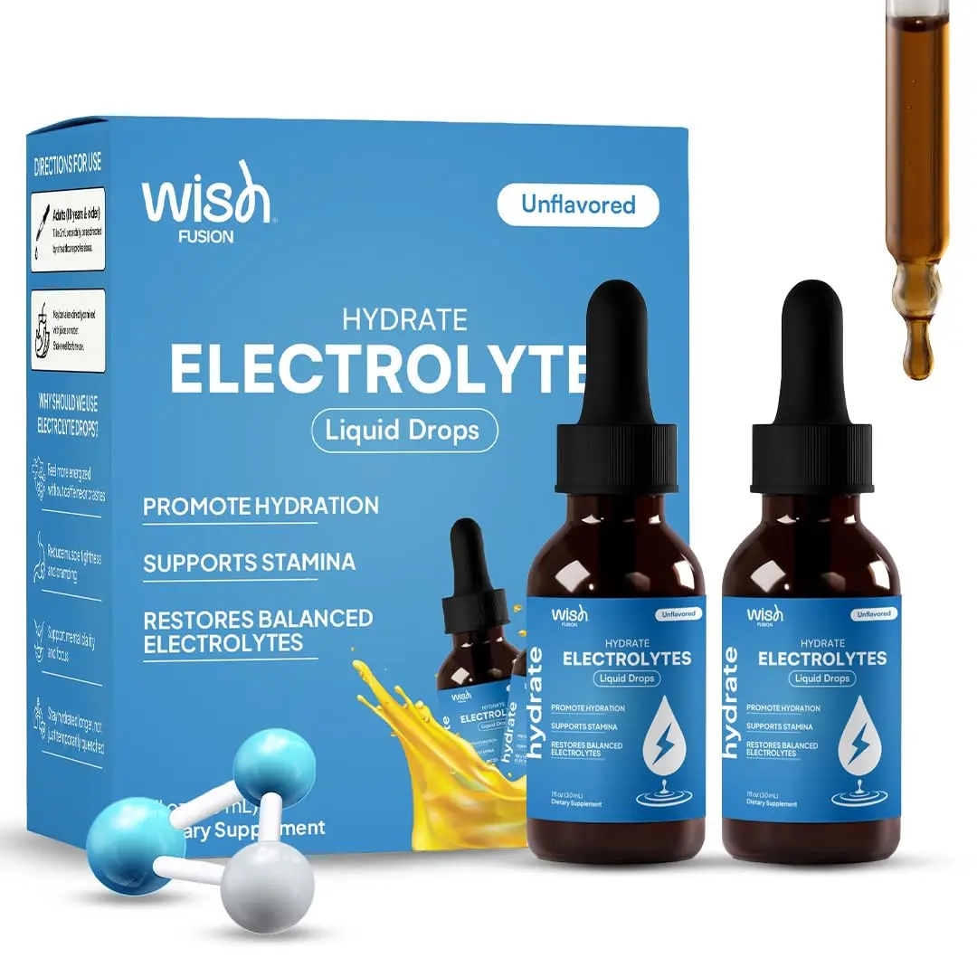 Wish Fusion Electrolytes Drops Liquid Hydration Drops with Magnesium, Chloride & Taurine Mineral Supplements for Adults Support Hydration & Recover Lost Salts – 2 x 30ml