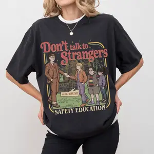 Unisex Stranger Things Printed Round Neck Streetwear Top - "Do Not Talk to Strangers" Mr Whatsit ST5 Movie T-Shirt, High-Quality Cotton Fabric, Ultra-Soft Lining, Durable, Casual, Safety Education Theme