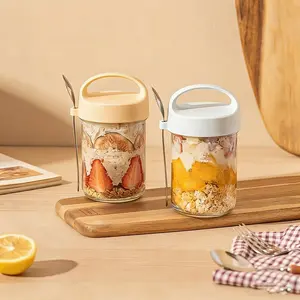 2 Pack Glass Overnight Oats Cups with Lids and Spoon Airtight Large Mouth Yogurt Jars Breakfast Containers for Oatmeal Smoothie Cereal Healthy Eating Containers