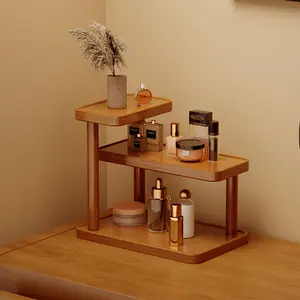 1 Pcs Wood Multi-Layer Desktop Organizer With Cup Holder Modern Light Brown Freestanding Countertop Shelf No Assembly Required Space Saving Bathroom Kitchen Vanity Cosmetics Storage Rack Desk Tidy
