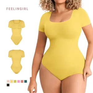 FeelinGirl FeelSoft Seamless Bodysuit for Women Light Tummy Control Scoop Neck Short Sleeve Shapewear Breathable