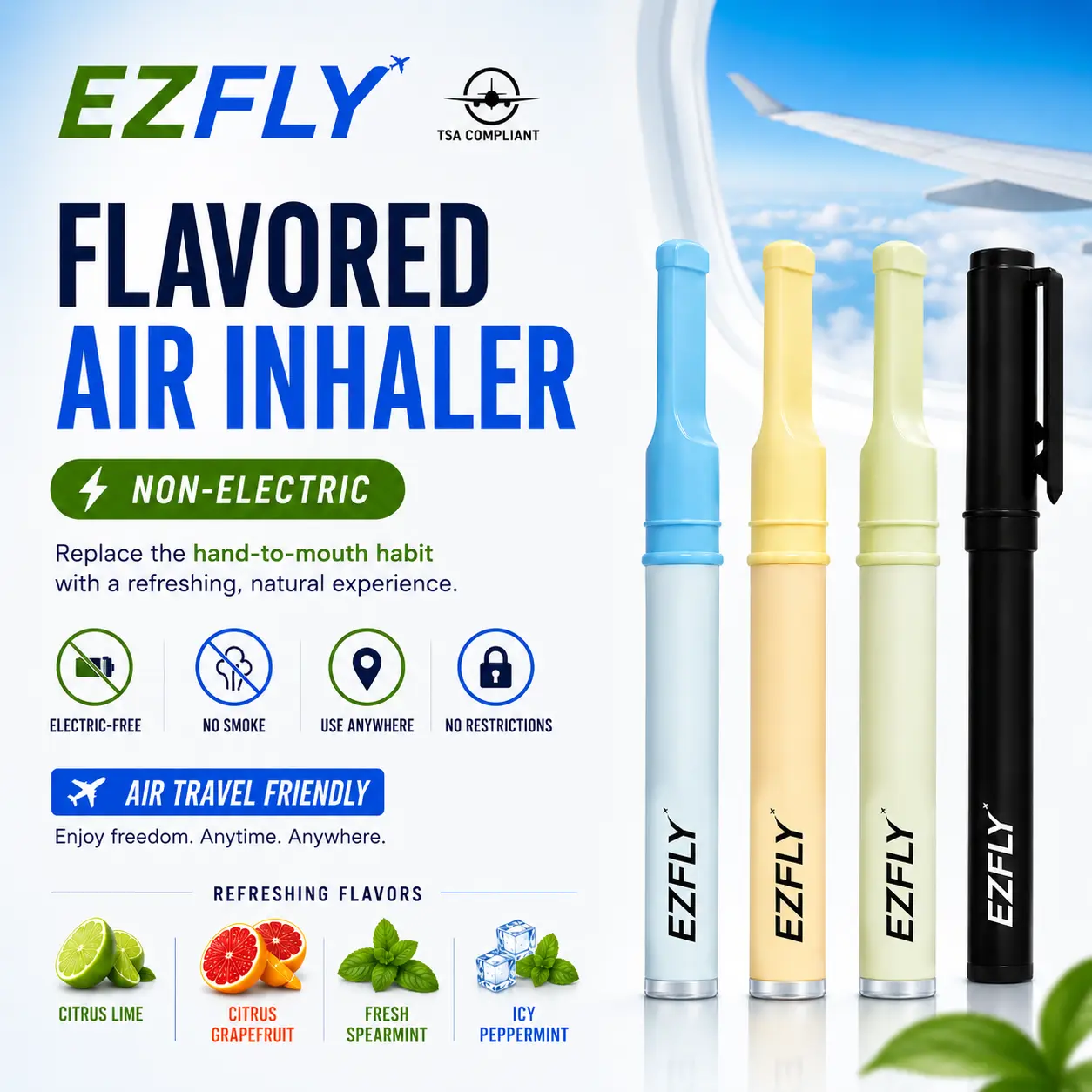 EzFly: Travel Essentials TSA-Accepted Oral Fixation Craving Relief aid Replace Habit of feel & puff While Flying Smokeless Aroma Inhaler 4 Flavor Pack