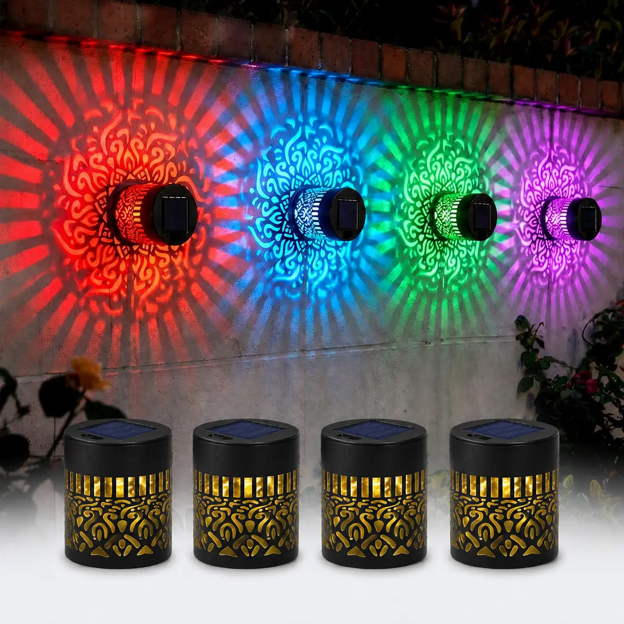 2/4 Pcs Color-changing  Solar Mandala Projector Wall Lights, Waterproof Metal Fence & Wall Lights, Outdoor Decorative RGB Solar Lighting for Garden, Patio, Yard, Backyard, Courtyard & Porch, Romantic Lighting Gift