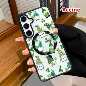 Magnetic Phone Case Compatible with Samsung Galaxy S23 Ultra S24 Plus S25 Edge S22+ FE Gnome and Clover Pattern Acrylic Back TPU Edges Anti-Fingerprint Ultra Slim Hard Cover Gift