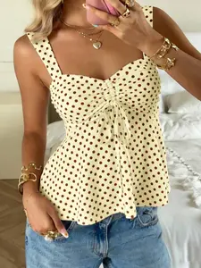 Women's Polka Dot Drawstring Waist Halter Top, Flowy Slim Fit Summer Sleeveless Shirt, Perfect for Daily Wear, Vacation, Street Style