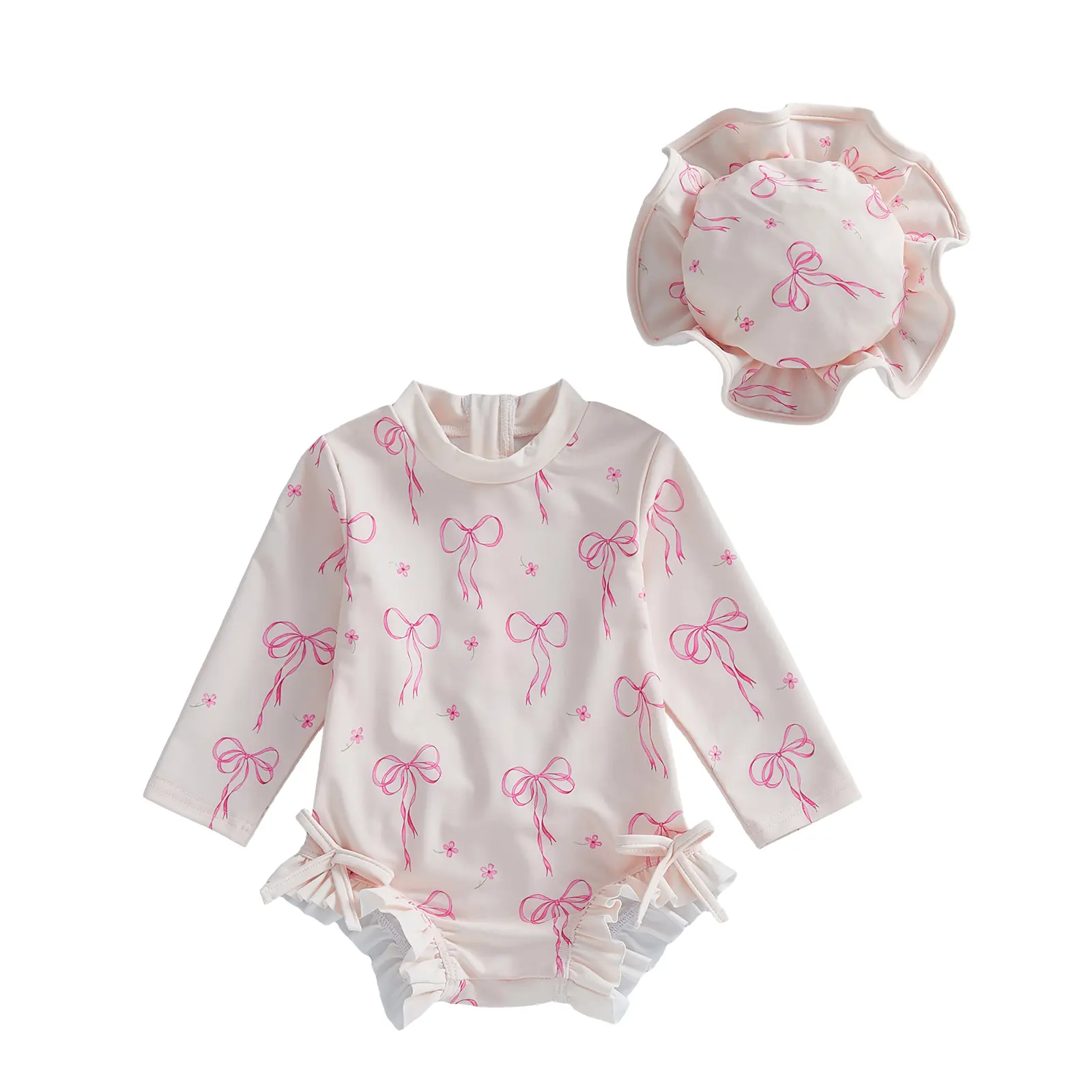 Toddler Girl Rashguard Swimwear Set, Cute Bow Print Long-Sleeve Round Neck Ruffle Jumpsuit with Hat for Pool, Beach Summer Use