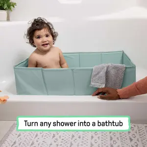 Ingenuity Tuckaway Tub - Folds Flat for Storage & Travel, Max Fill Line & Drain Plug for Babies 12 Months to 5 Years, Waterproof Lined, Easy Storage