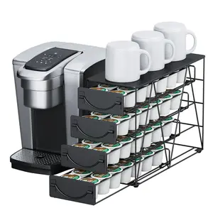 HFHOME Coffee Pod Holder For Counter Pod Holder for K-cups 4-tier Metal Coffee Capsule Storage Drawer 56 Capacity Pods Organizer for Cafe Counter Home Office or Kitchen Black