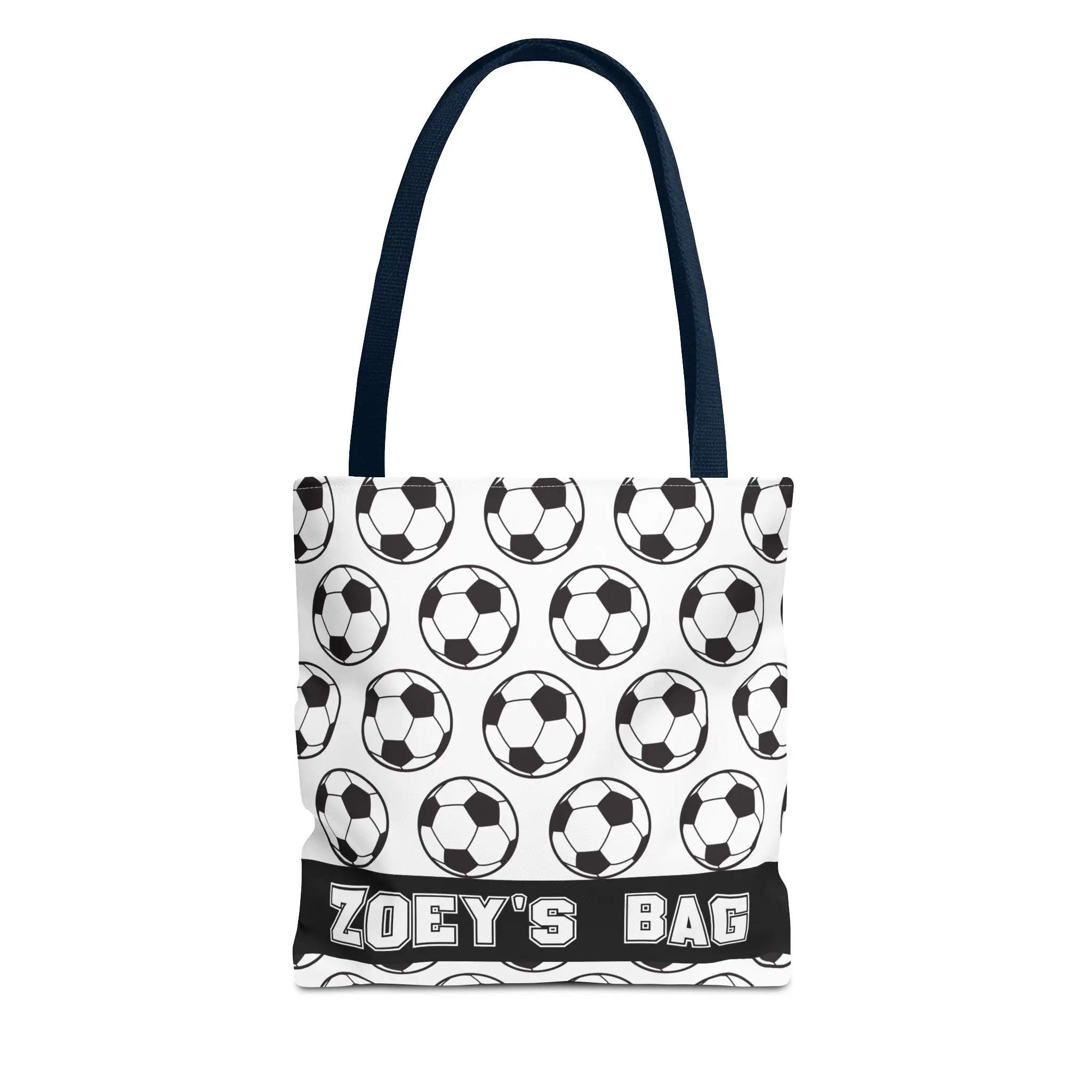 Women's Personalized Name Sporty Chic Tote Bag - Black-and-White All Over Print Soccer Ball Motif, Double Handle, Clean Hems, High-Capacity Chic Design for Weekend Games, Athletic