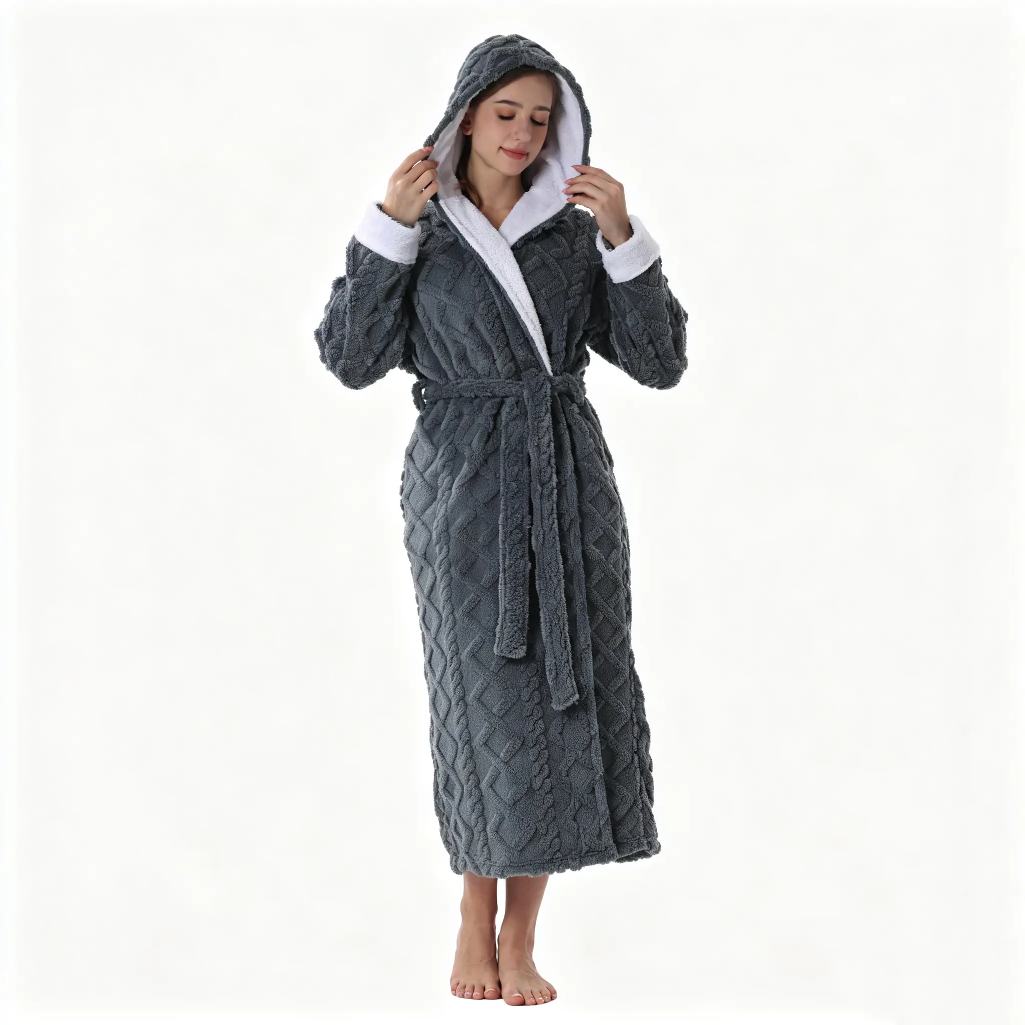 Women's Hooded Sherpa Fleece Bathrobe, Long Floor Length Plush Robe, Soft Cozy Warm Winter Housecoat for Spa Shower Daily Lounging
