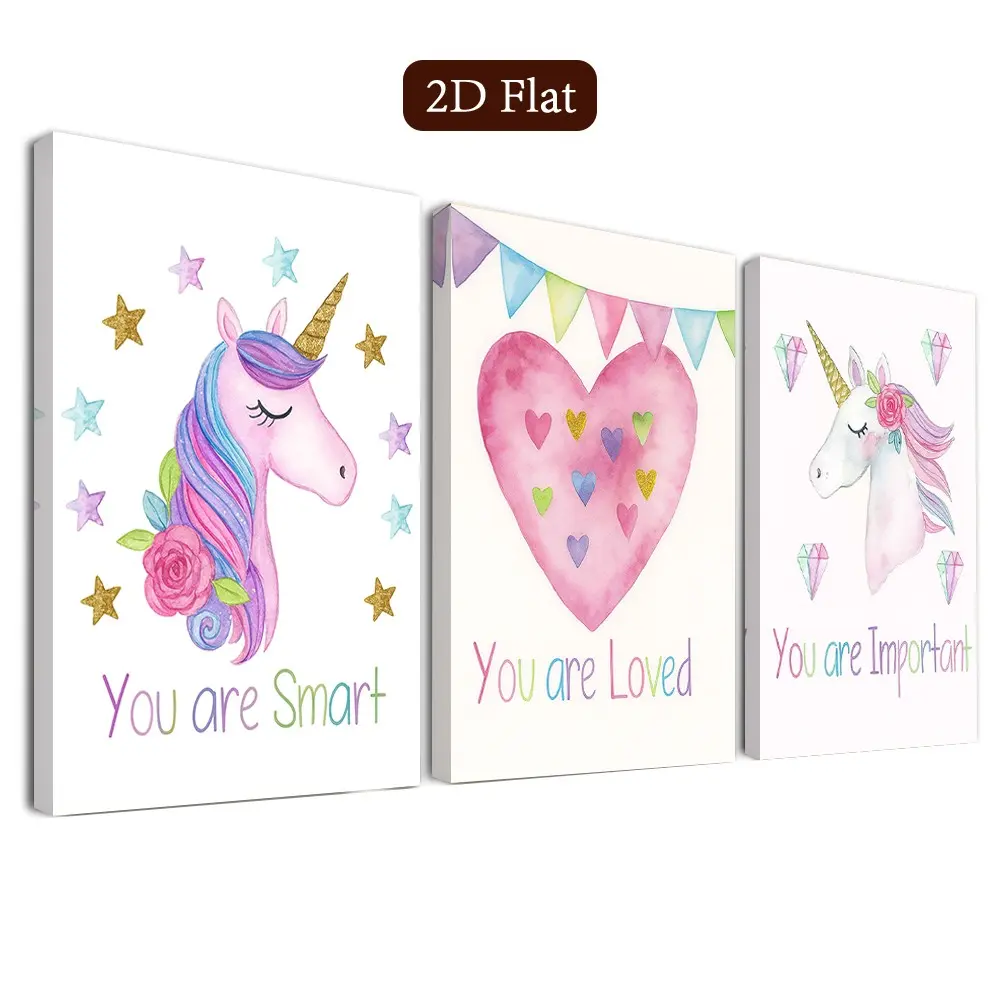 3 Piece Framed Unicorn Wall Decor Set, Canvas Art Prints, Heart Design Inspirational Posters, Home Office Bathroom Decor