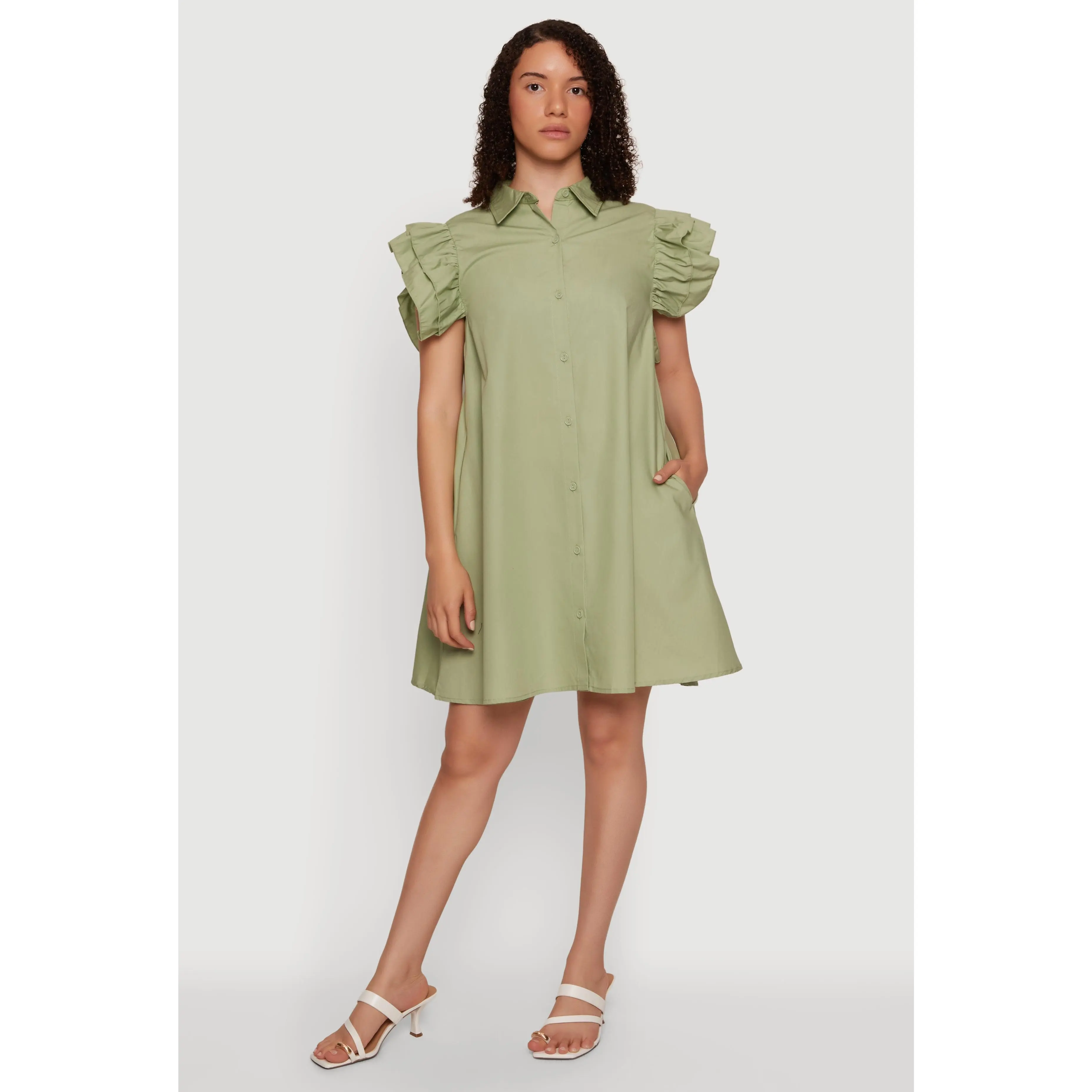 Tiered Ruffle Sleeve Poplin Button Front Dress