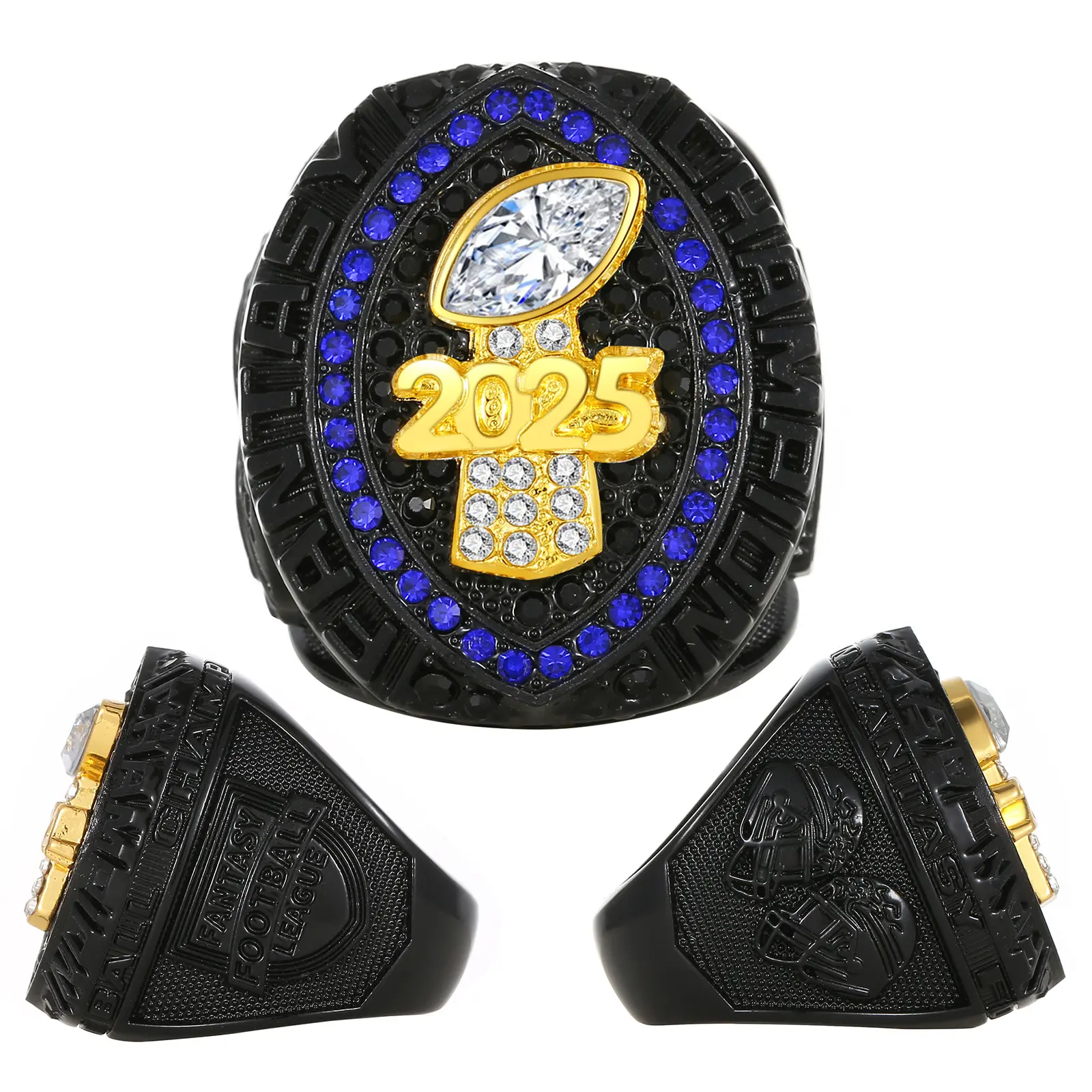 2025 Fantasy Football Championship Ring, Men's Black Plated Alloy Sports Jewelry with Rhinestone Accents, Collectibles Gift, Costume Jewelry Rings, Championship Rings