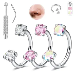 Women's 18G Surgical Steel Horseshoe Body Jewelry Set - 6-8mm Gold & Silver Gemstone Hoop Piercing Jewelry, Body-Safe Nose Rings with Tool for Cartilage, Helix, Tragus, Earring, Labret, Lip | Accessories for Women