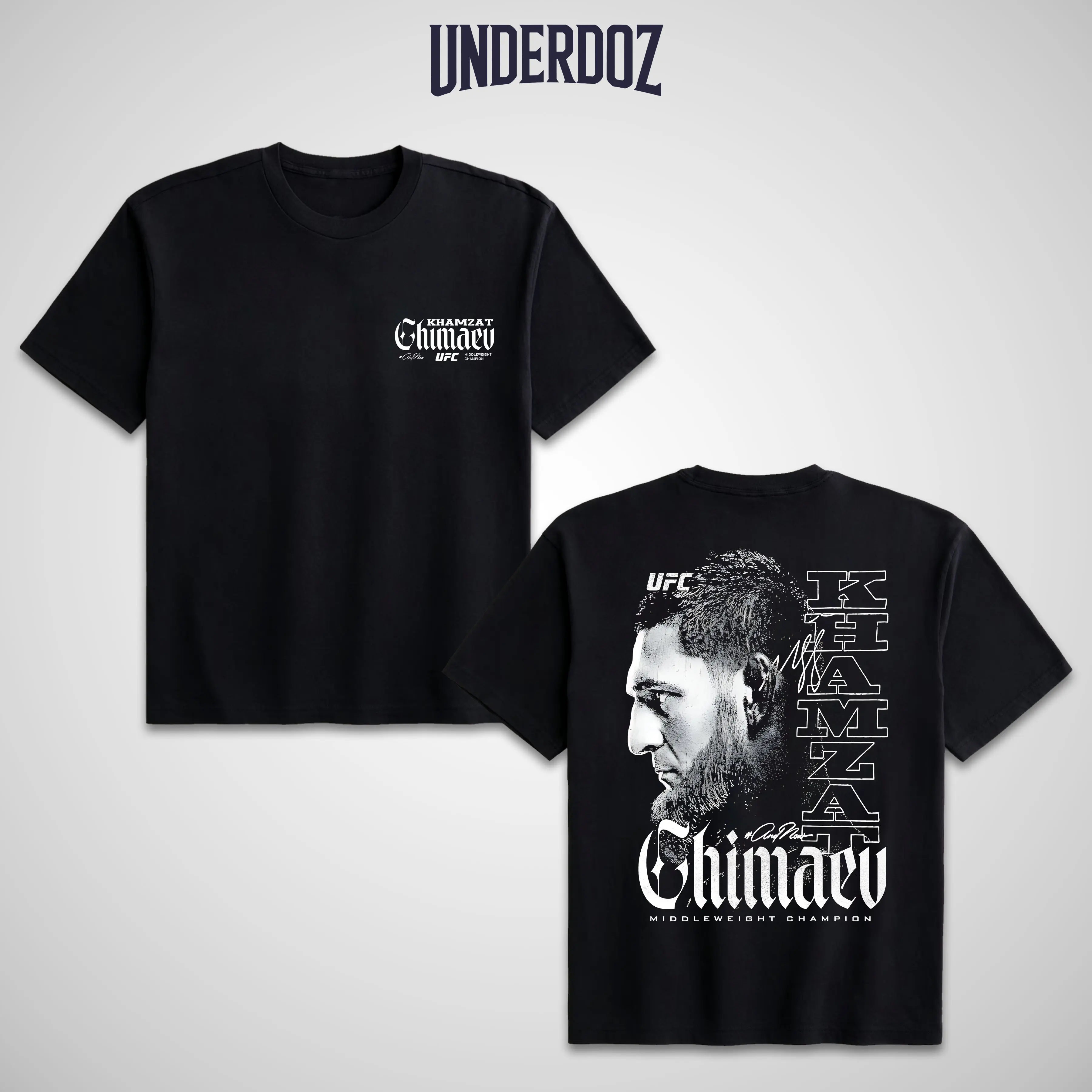 UNDERDOZ Men's Khamzat Chimaev UFC Champion Graphic T-Shirt, 100% Soft Cotton Streetwear with Bold Print, Casual Sports Apparel for MMA Fans