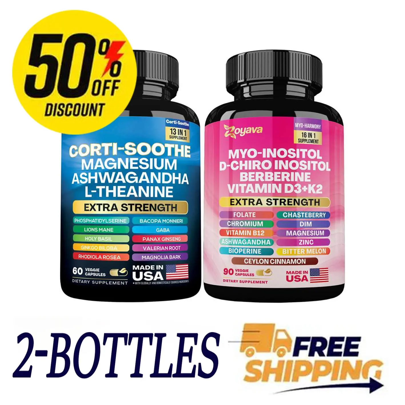 2 packs Soothe & SmoothBundle Cortisol andMyoinositol All-in-One Supplement -MultivitaminCombo withExtraStrengthingredients-MADE IN USA