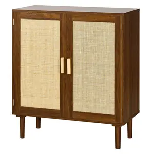 VEVOR Rattan Cabinet, Rattan Storage Cabinet with 2 Magnetic Doors and Adjustable Shelves, Accent Sideboard Buffet with Wooden Legs & Power Cord Hole for Hallway, Entryway, Living Room, Kitchen, Khaki