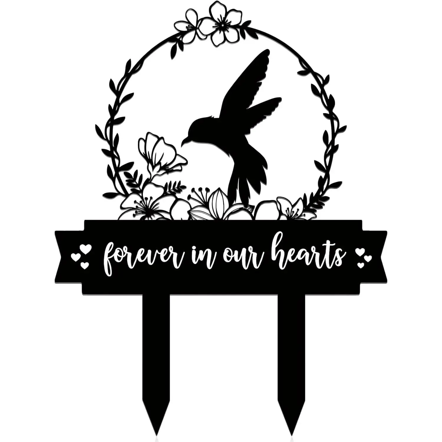 Memorial Stakes Cemetery Decorations for Grave Hummingbird Grave Marker Memorial Plaques Bird Flower  for Loss of Mother Father Outdoors Yard Garden Decor(Forever Our Hearts)
