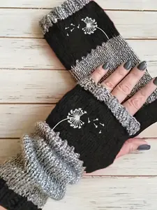 Dandelion Embroidered Fingerless Gloves, Vintage Style Open-Finger Mitts, Elegant Outdoors Accessory, Women's Fashion Handwear, Winter Gloves