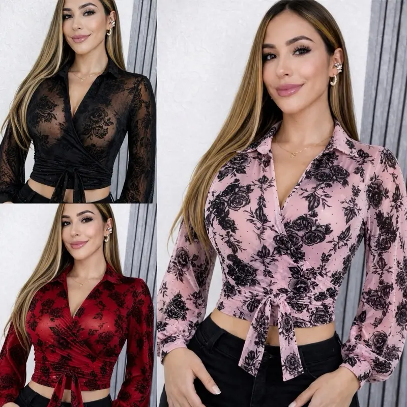 Women's Dressy Floral Mesh Wrap Blouse - Red Long-Sleeve Top with Rhinestone Embellishments, Adjustable Tie, Soft Breathable Fabric, Lightweight for Layering, Day-to-Night Looks