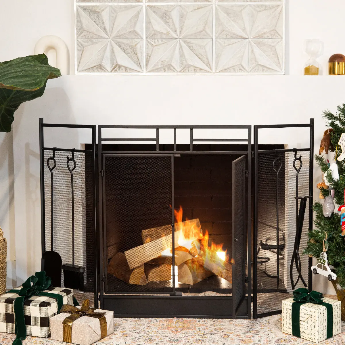 BARTON 3-Panel Wrought Iron Fireplace Screen with Hinged Doors, 4-Panel Configurable Fire Spark Guard for Fireplace Protection (Includes 4 Accessories), Four Panels
