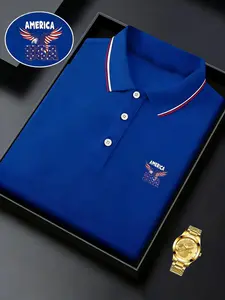 Men's American Eagle Pattern Polo Shirt, Casual Business Leisure, Short Sleeve Collar, Lightweight Polyester Fiber, Perfect Gift