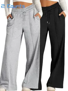 Women's Solid Color Adjustable Drawstring High-Waist Wide Leg Pants, Loose-Fitting Knit Casual Trousers with Pockets for All Seasons, Comfortable Daily Wear,Women's Affordable Pajamas, Loungewear