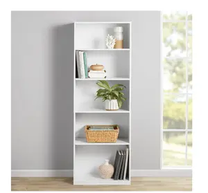 Modern White Adjustable Book Shelf Tall 5 Tier Display Unit for Flexible Storage and Space Maximization in Living Rooms and Bedrooms