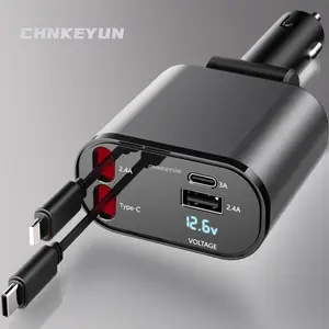 CHNKEYUN 4 in 1 Retractable Car Charger,Super Fast Charging Car Charger Max 120W, Retractable Cable and 2 USB Ports Car Charger Adapter for iPhone 15 14 13 12 Pro Max, Galaxy S23 fast car phone charger
