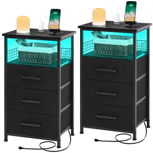 LED Night Stand with Charger Station, Nightstand Sets of 2, Bedside Table with USB Ports for Living Room, Skinny dresser with storage drawers,  space saving end table, Tower organizer unit bedroom furniture, back to school