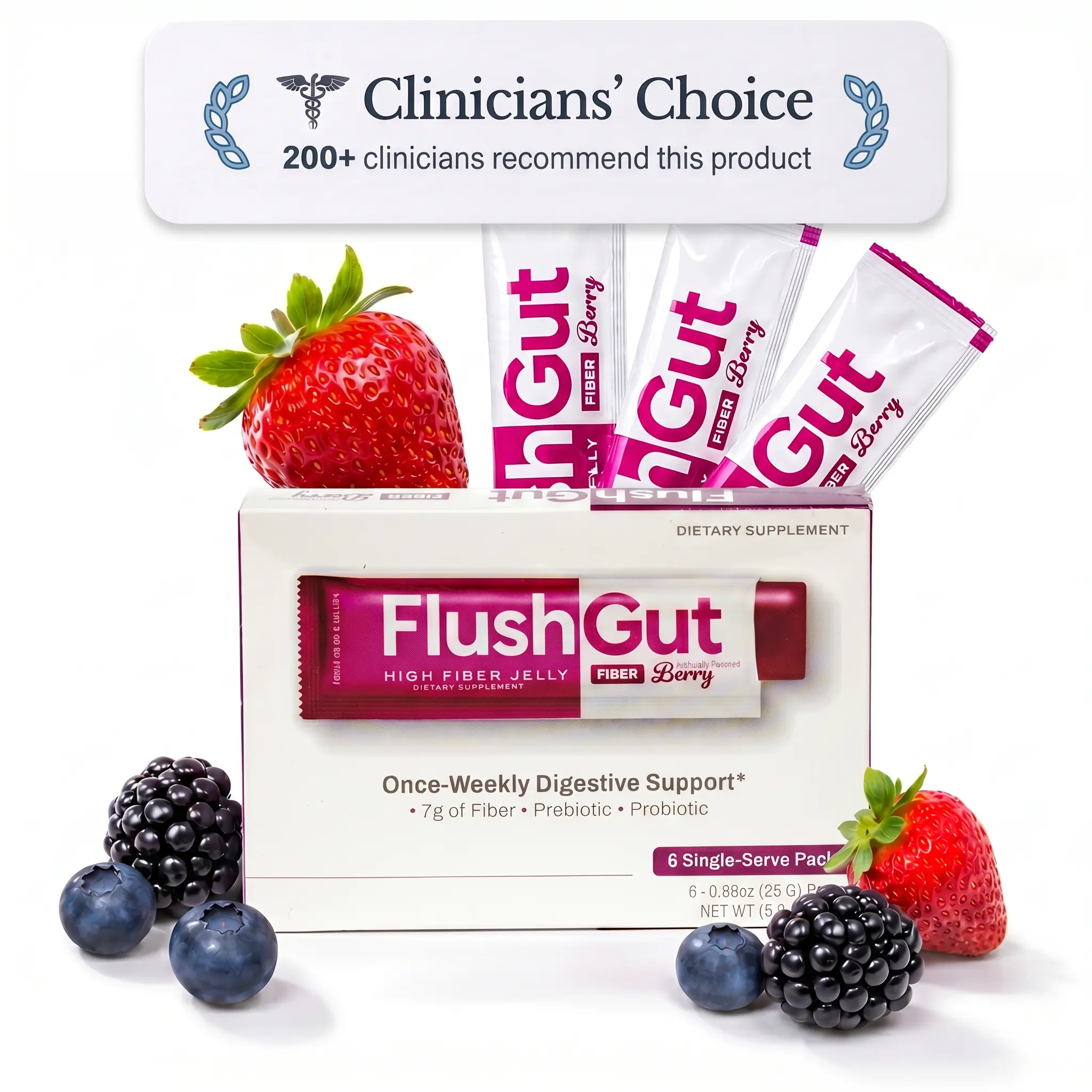 FlushGut Fiber Jelly Sticks for Adults — Clinician Recommended Gut Health Supplement | 7G Fiber Jelly | No Added Sugar | Berry | Reviewed by 200+ Dietitians & Gastroenterologists