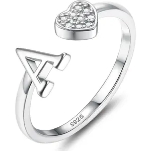 YADOCA 925 Sterling Silver Rings for Women Girls Adjustable Heart Initial Ring Stackable Thumb Ring Eternity Wedding Promise Engagement Rings A-Z Letter Rings Jewellery Gifts with Gift Box