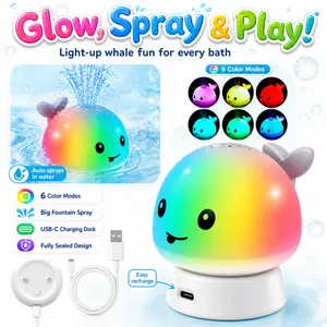 Gigilli Whale Bath Toy with USB‑C Dock – Contact‑Charge, No Battery Door, IPX8 Submersible, Rechargeable Light‑Up Sprinkler & Fountain for Pool Tub Tots 1‑3
