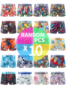 10-Pack Men's High Elasticity Boxer Briefs, Soft Breathable Athletic Shorts, Graffiti Print Trendy Underwear, Anti-Roll Leg Design, Multi-Color Mix for Gym Cycling Daily Wear
