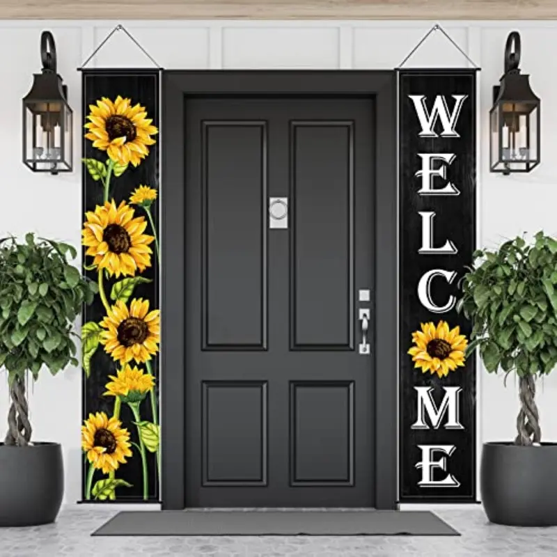 Sunflower Welcome Hanging Banner, 2D Flat Banner Couplets, Set, Front Door Garden Family Yard Decor, No Power Required, Background, Decorative Banner, Outdoor Decor Banner