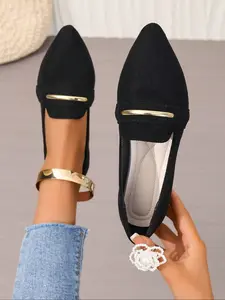 New Plus Size Women's Spring Autumn Shoes, Casual Fashion Metal Straps Pointed Toe Low Heel Slip-On Single Shoe, Soft Sole Flats Comfortable