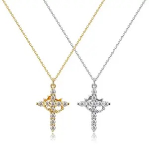 Rotating Crown Cross 8K Gold/Silver Plated Necklace unisex nickel-free, Adjustable Chain, Trendy Rhinestone Pendant for Women & Men, Perfect for Party & Daily Wear non-tarnish gift-ready faith based jewelry Christmas Gift bracelet family healing chunky