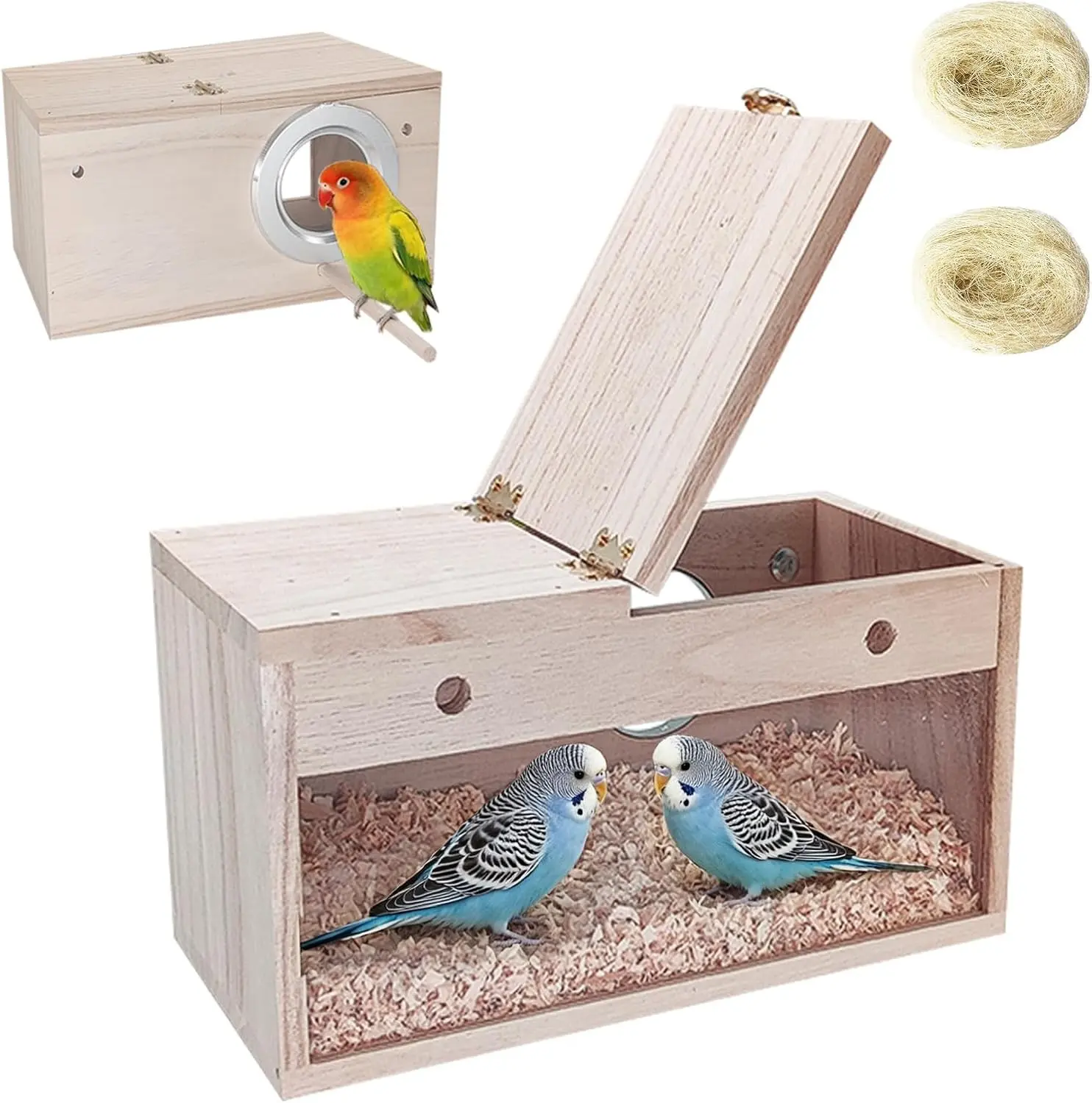 Parakeet Nesting Box, Transparent Bird Nest Breeding Box, Wood Parrot Nest Box with Perch Bird Cage House for Cockatiel Lovebirds Budgie Canary Finch(S)