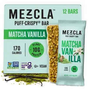 MEZCLA Matcha Vanilla Puff-Crispy Bar - 12 Pack, 170 Calories, 10g Protein, Plant-Based Snack, 1.4 oz Each