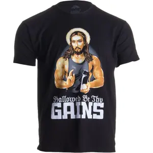 Casual Round Neck Shortsleeve Fashion Cotton Graphic Tees Streetwear Hallowed Be Thy Gains |   Funny Muscle Jesus Weight Lifting Work Out Humor T-Shirt