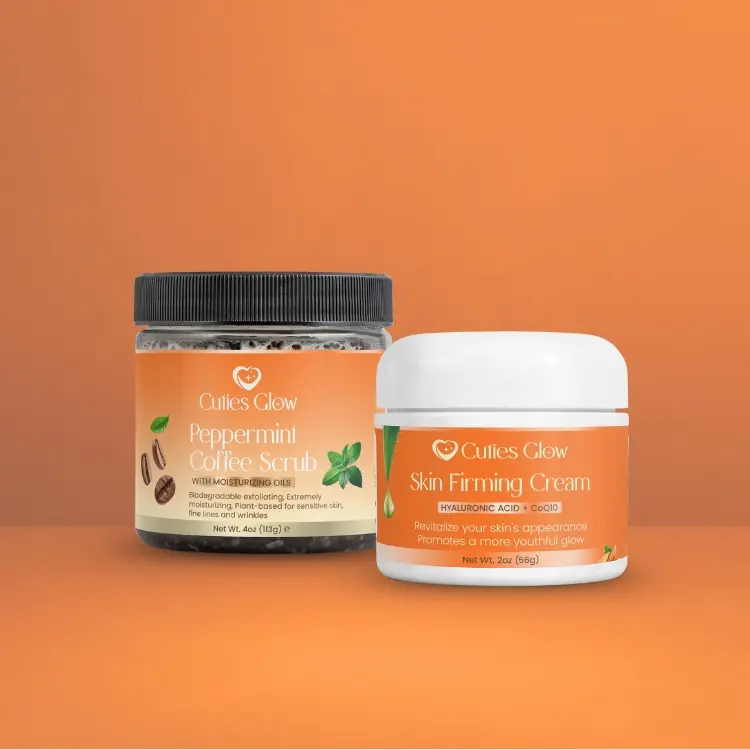 Youthful Glow Multi-Pack Bundle - Peppermint Coffee Scrub, Skin Firming Cream with Hyaluronic Acid, CoQ10 for Aromatherapy & Skin Care