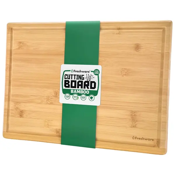 FRESHWARE 3XL Rectangular Bamboo Wooden Cutting Board, 24x18in Large Non-Toxic Natural Grippable Dual-Handled Chopping Board with Deep Grooves, Knife-Safe Stove Top Butcher Block for Meat, Cheese, Bamboo Boards