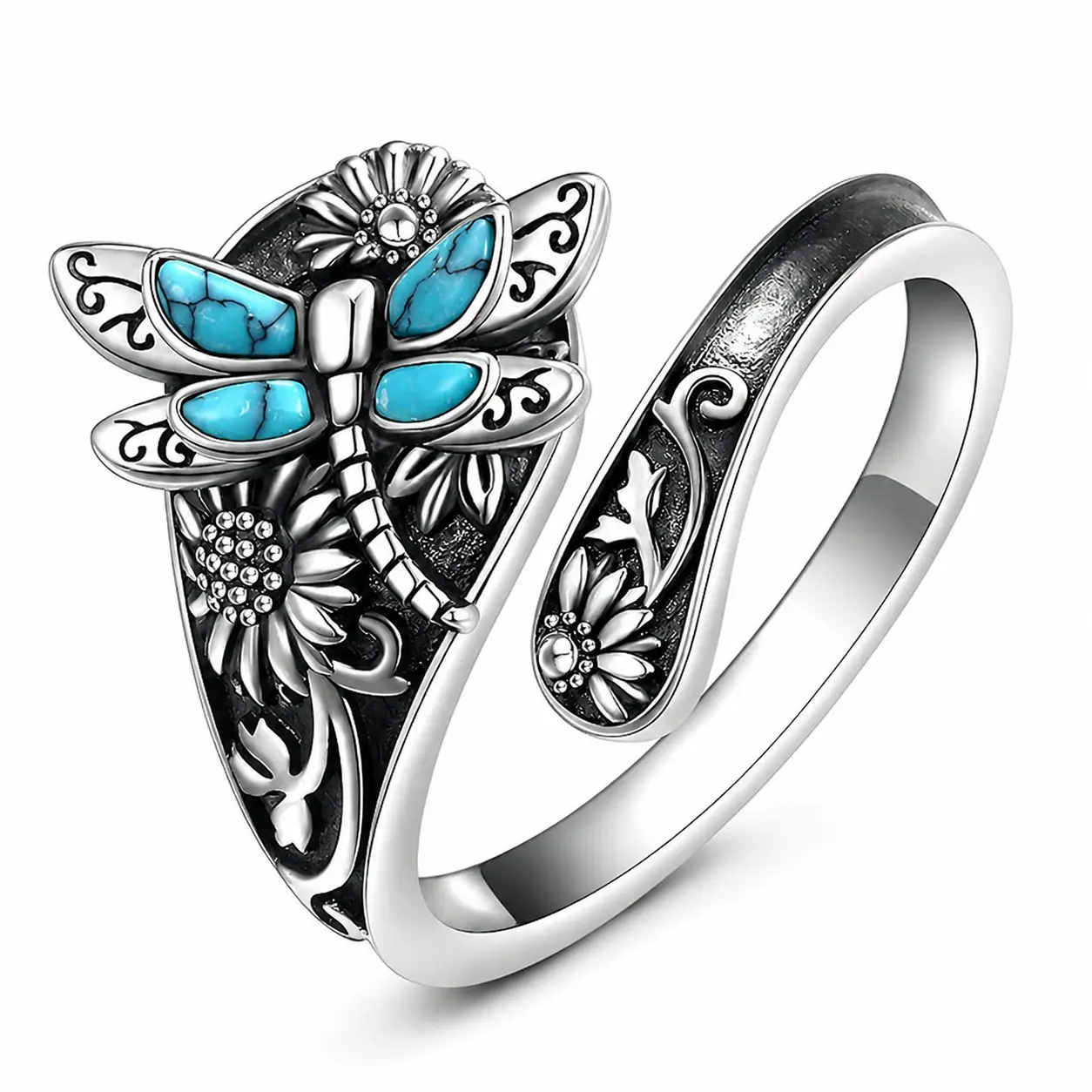 Vintage Unique Bohemian Turquoise Dragonfly and Sunflower Women's Wrapped Ring rings engagement rings wedding holiday gifts luxurious dazzling affordable For Her