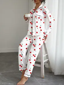 Women's Autumn Winter Pajama Set Loungewear, Nightwear, Fruit Cherry Print, Casual Fitted Long Sleeve Top & Elastic Pants, Soft Stretchy Fabric