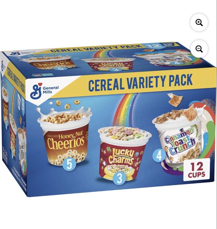 Cereal Cups Variety Pack 12 pk Includes Honey Nut Cheerios Lucky Charms & Cinnamon Toast Crunch