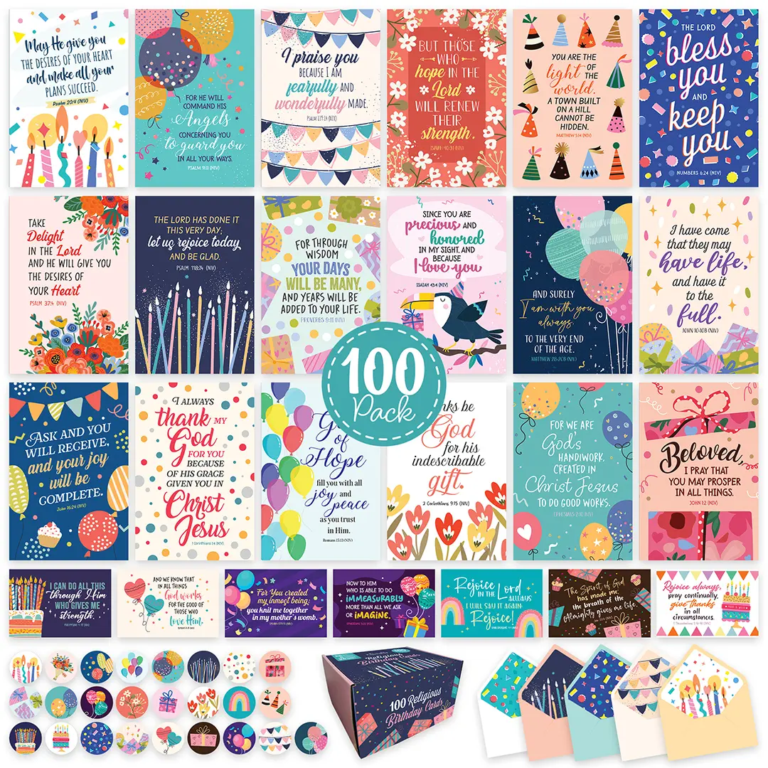 Decorably 100 Pack 4x6in Christian Birthday Cards Bulk with Envelopes and Stickers, 25 Folded Vibrant Designs for Friends, Family & Loved Ones, Printed Message - Events, Gifting, Mailing