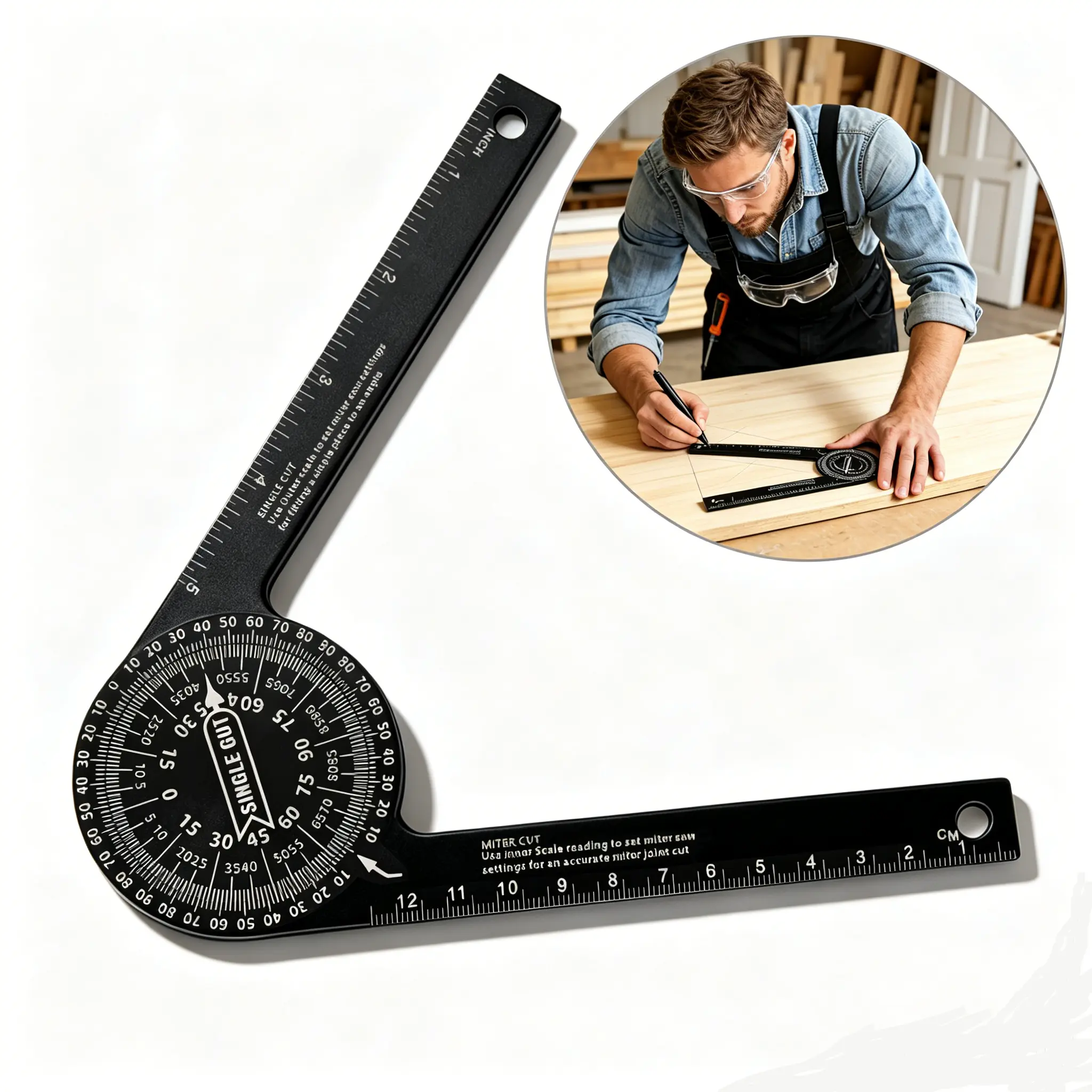 7-Inch Rust-Proof Aluminum Miter Saw Protractor Measuring Tool, Precision Laser Engraved Scales, 360° Angle Finding Work Tool Built to Last & Durable for Frequent Use (For Woodworking)
