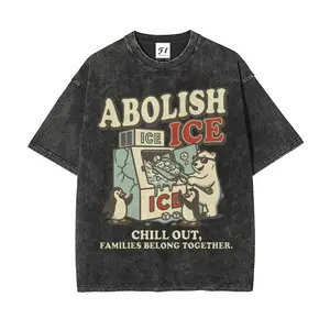 Men's Unisex Retro Cotton Short-Sleeve T-Shirt - Vintage Washed Fabric, ABOLISH ICE Polar Bear Penguin Graphic, Everyday Wear