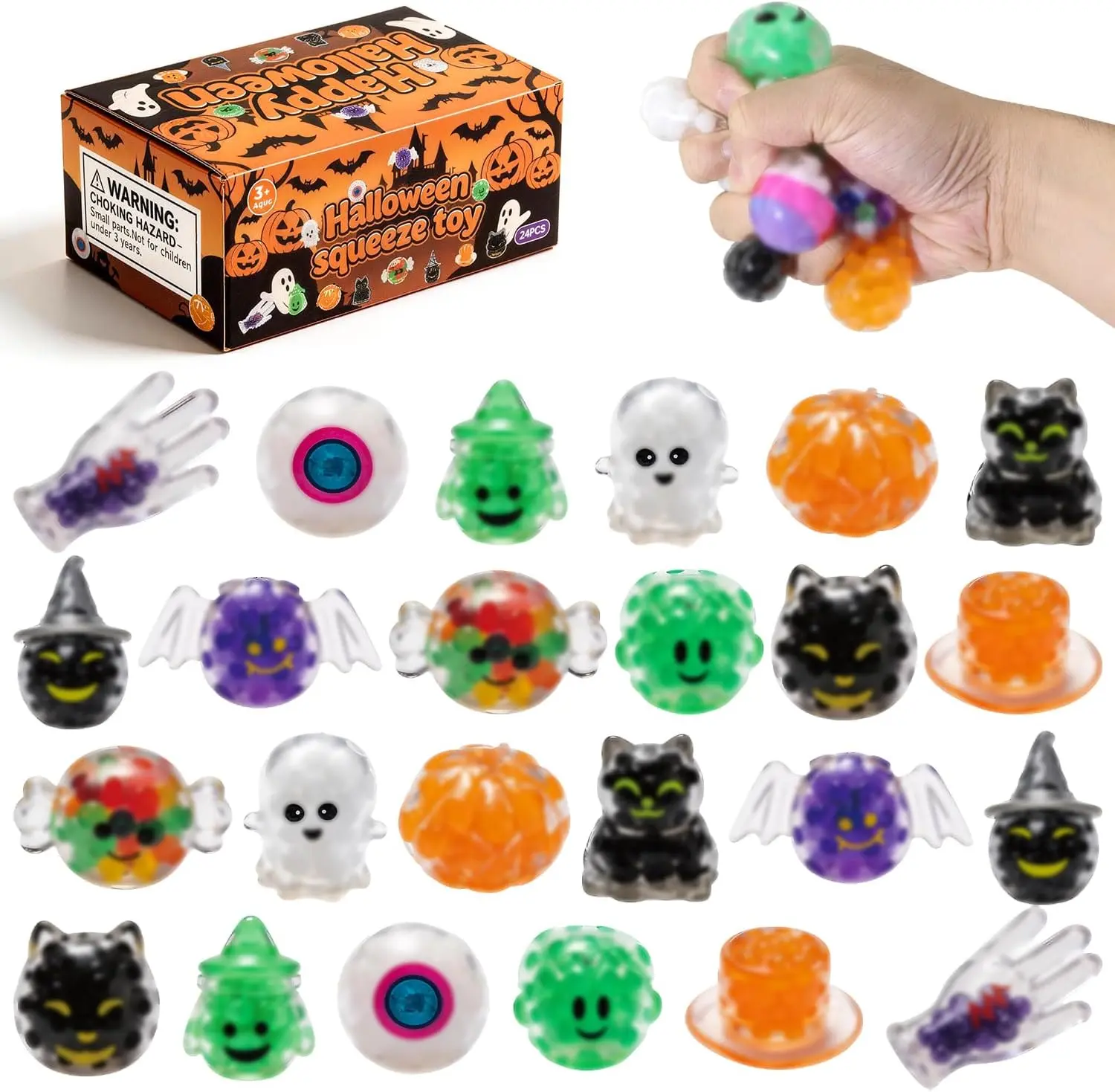 Halloween Fall Gift 24 Pack Halloween Squishies for Kids, Halloween Stress Balls,Mini Squeeze Toys, Bulk Squishy Squeeze Ball Set and Trick or Treat Halloween Day Party Decoration Gift (Halloween-24)